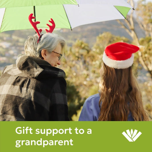 Two people wearing Christmas hats with a green umbrella, with text 'Gift support to a grandparent' and a logo.
